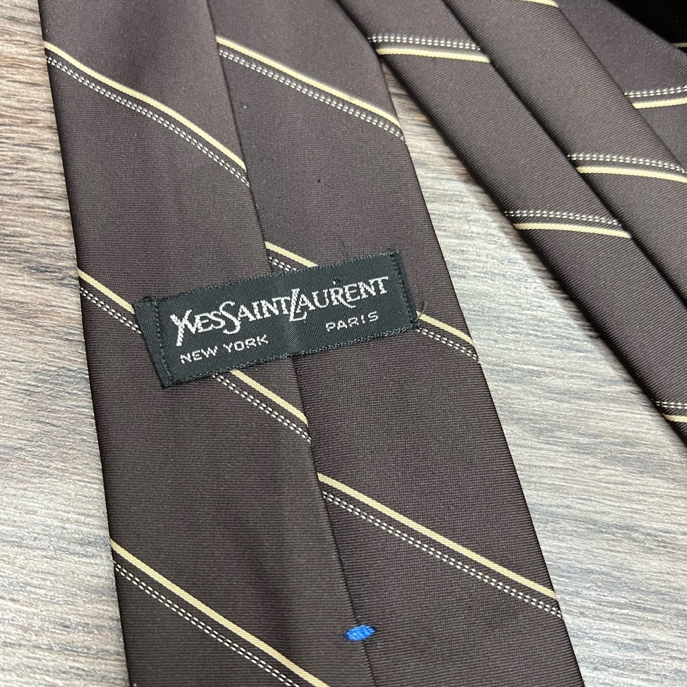 Yves Saint Laurent YSL Brown w/ Tan & White Stripe Tie - Picture 3 of 4